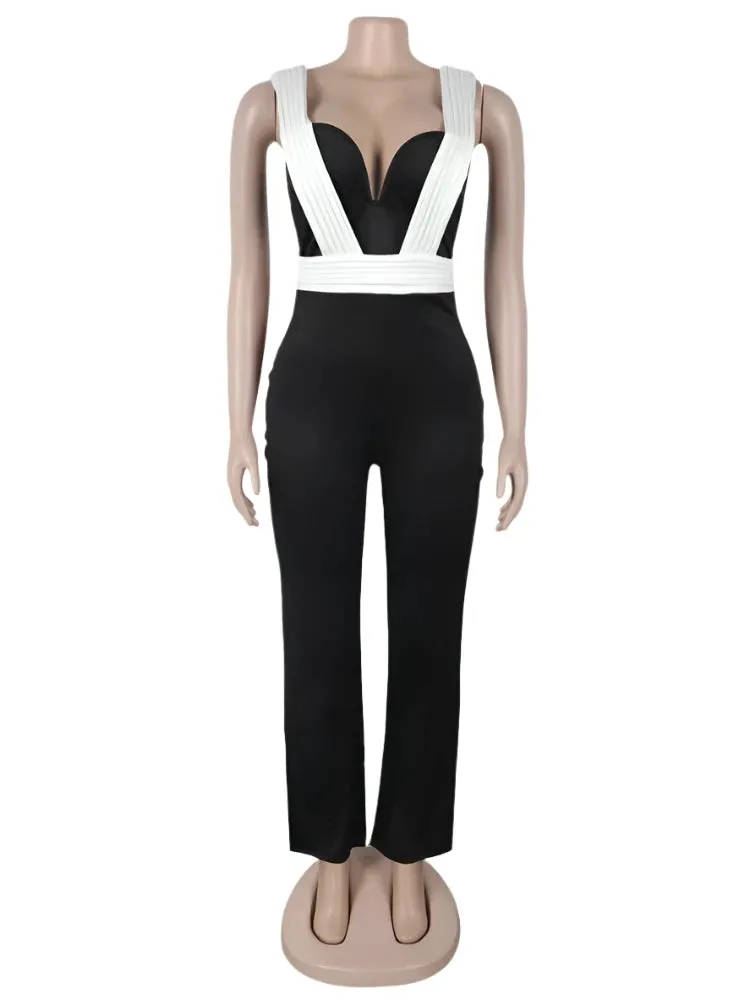Black White Patchwork Wide legs Jumpsuit Women Sleeveless Cut Out Loose Rompers Elegant Evening Party One Pieces Outfits