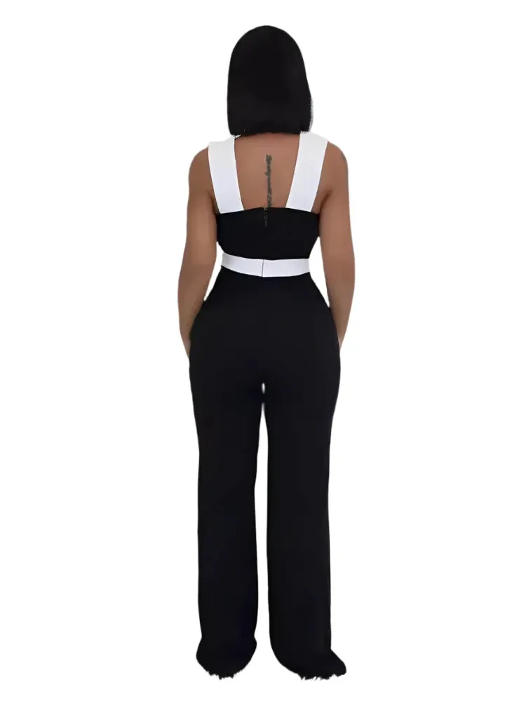 Black White Patchwork Wide legs Jumpsuit Women Sleeveless Cut Out Loose Rompers Elegant Evening Party One Pieces Outfits