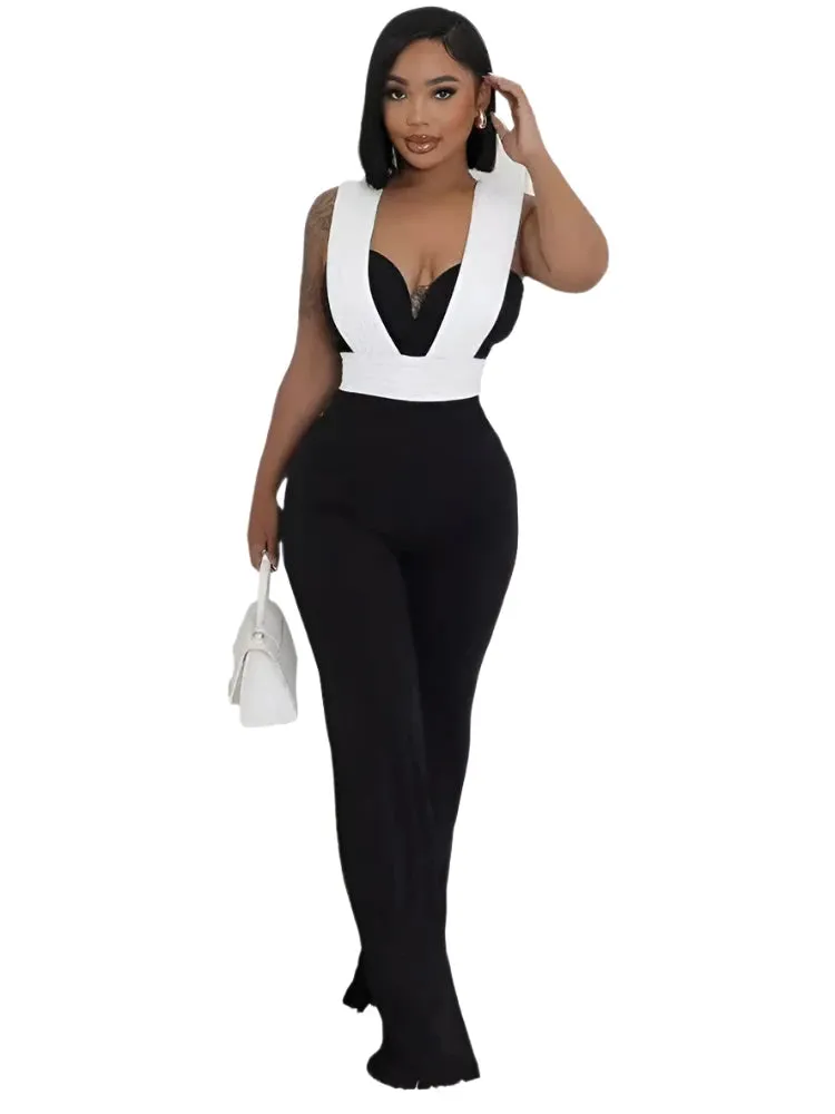 Black White Patchwork Wide legs Jumpsuit Women Sleeveless Cut Out Loose Rompers Elegant Evening Party One Pieces Outfits