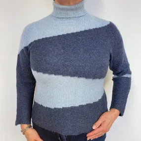 Blue Colour Block Cashmere Polo Neck Jumper Large