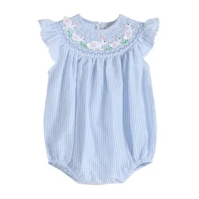 Blue Seersucker Bunny Smocked Flutter Romper