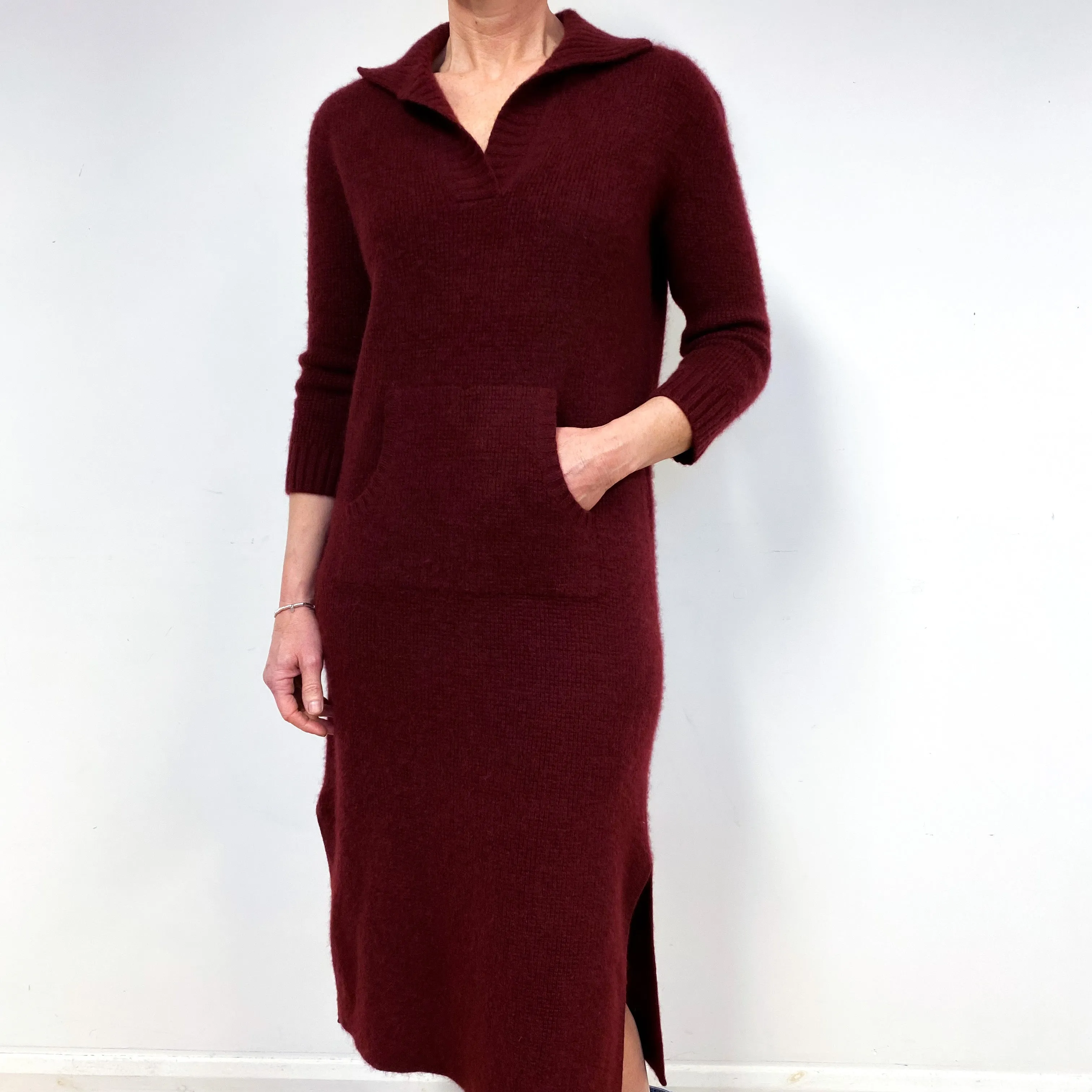 Burgundy Red Chunky Cashmere Collared Midi Dress Medium