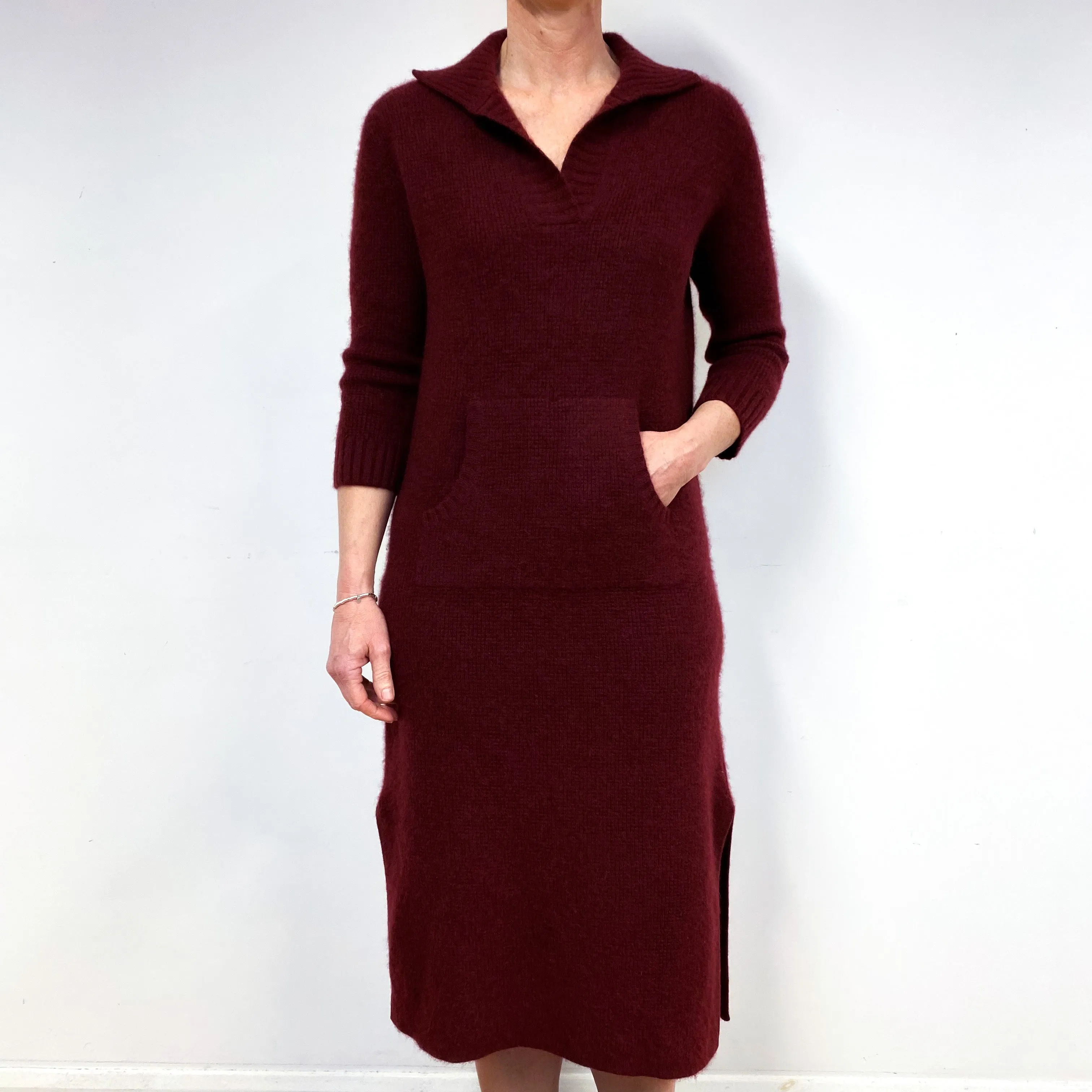 Burgundy Red Chunky Cashmere Collared Midi Dress Medium
