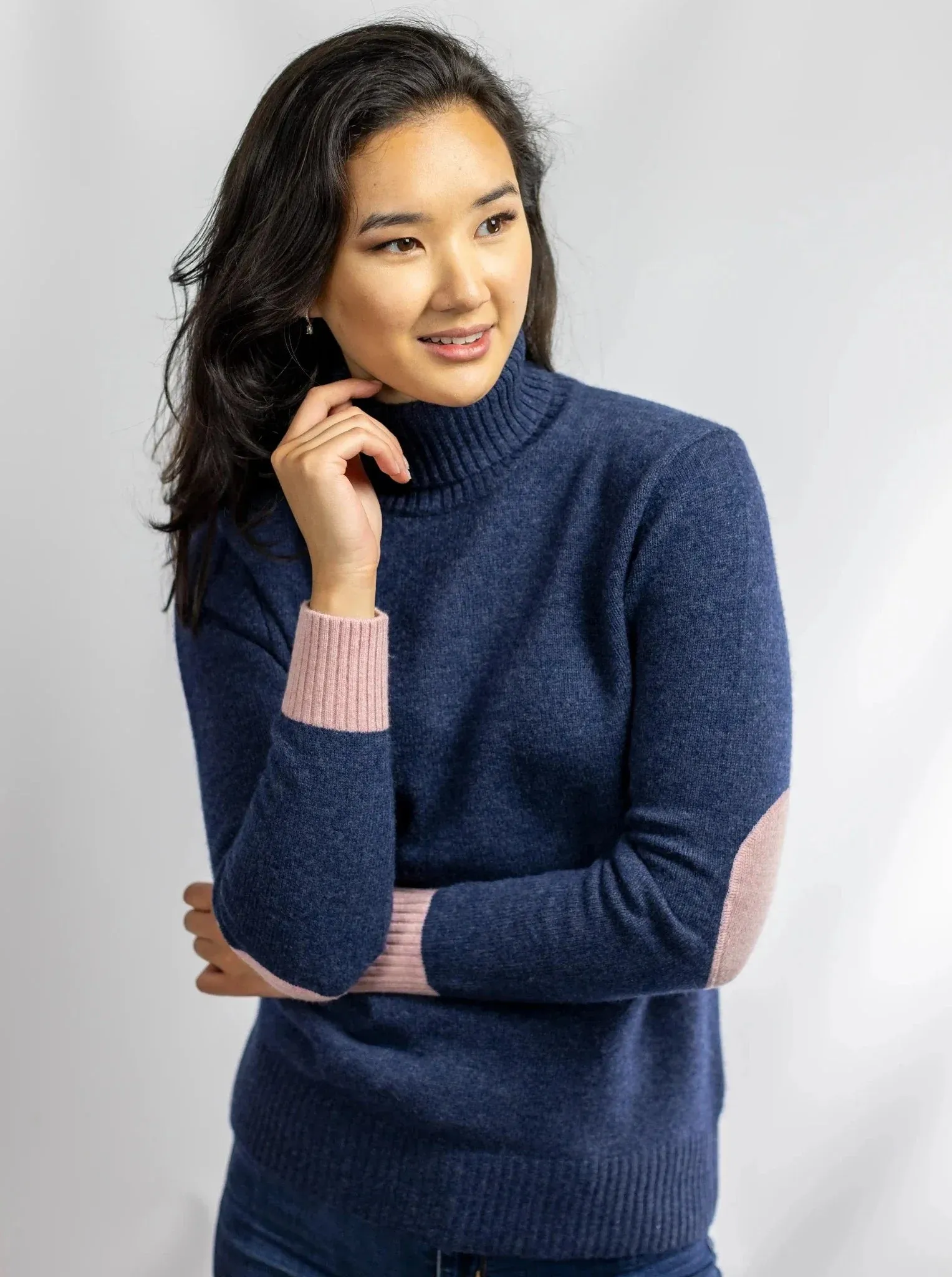 Cashmere and Merino Roll Neck Jumper | Aegean Blue with Pink