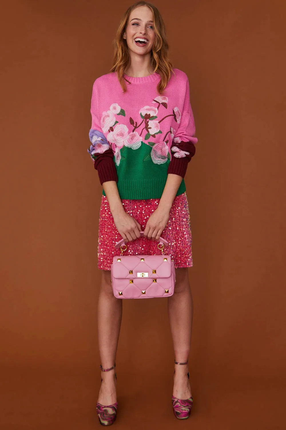 Chic Blended Cashmere and Banana Peel Sweater, Floral, Pink