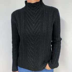 Chunky Black Cable Cashmere Turtle Neck Jumper Medium