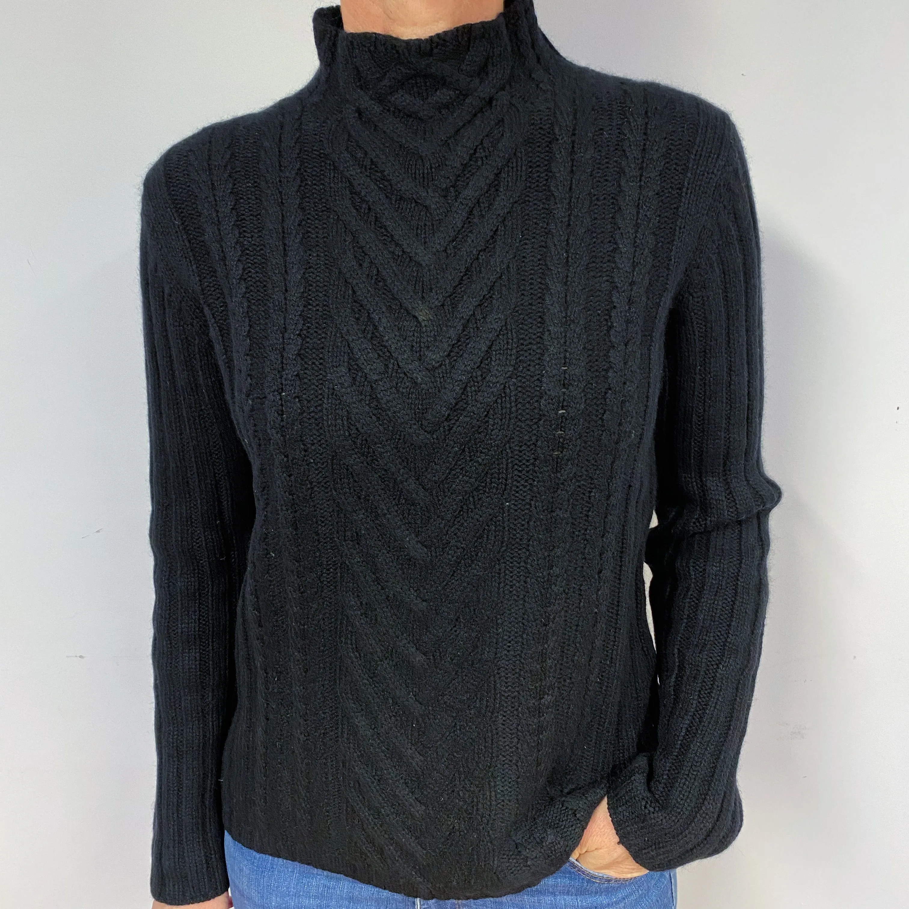 Chunky Black Cable Cashmere Turtle Neck Jumper Medium