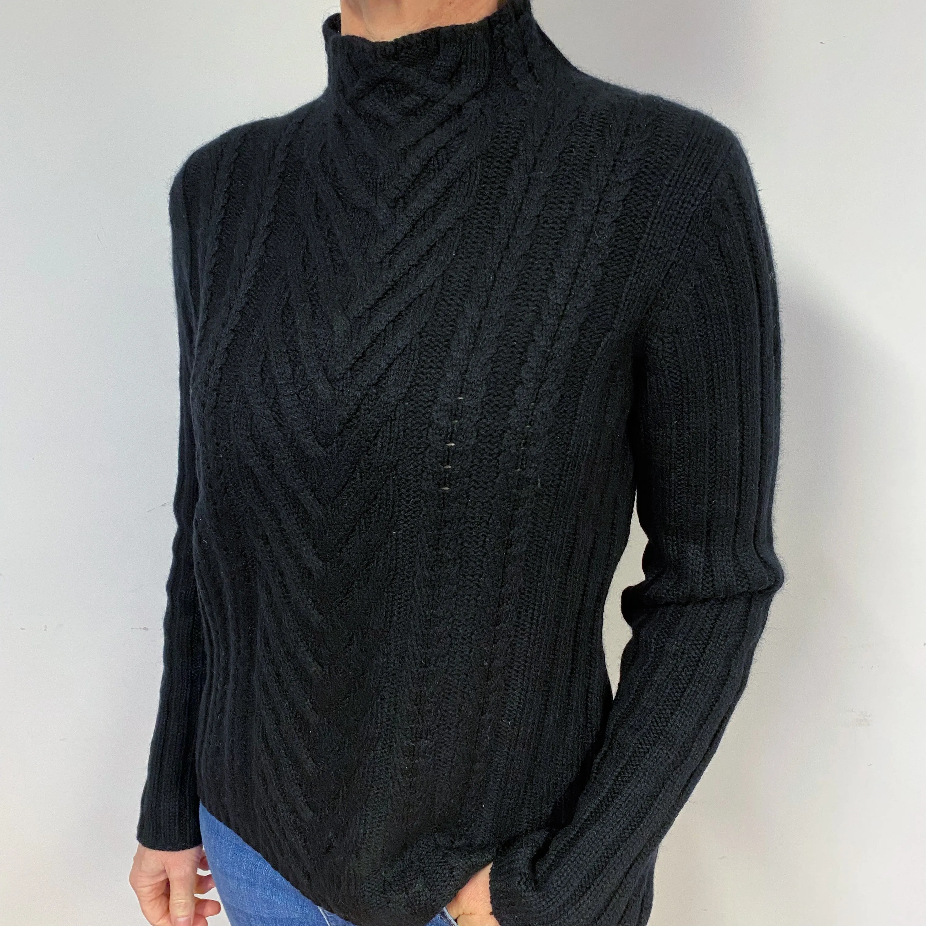Chunky Black Cable Cashmere Turtle Neck Jumper Medium