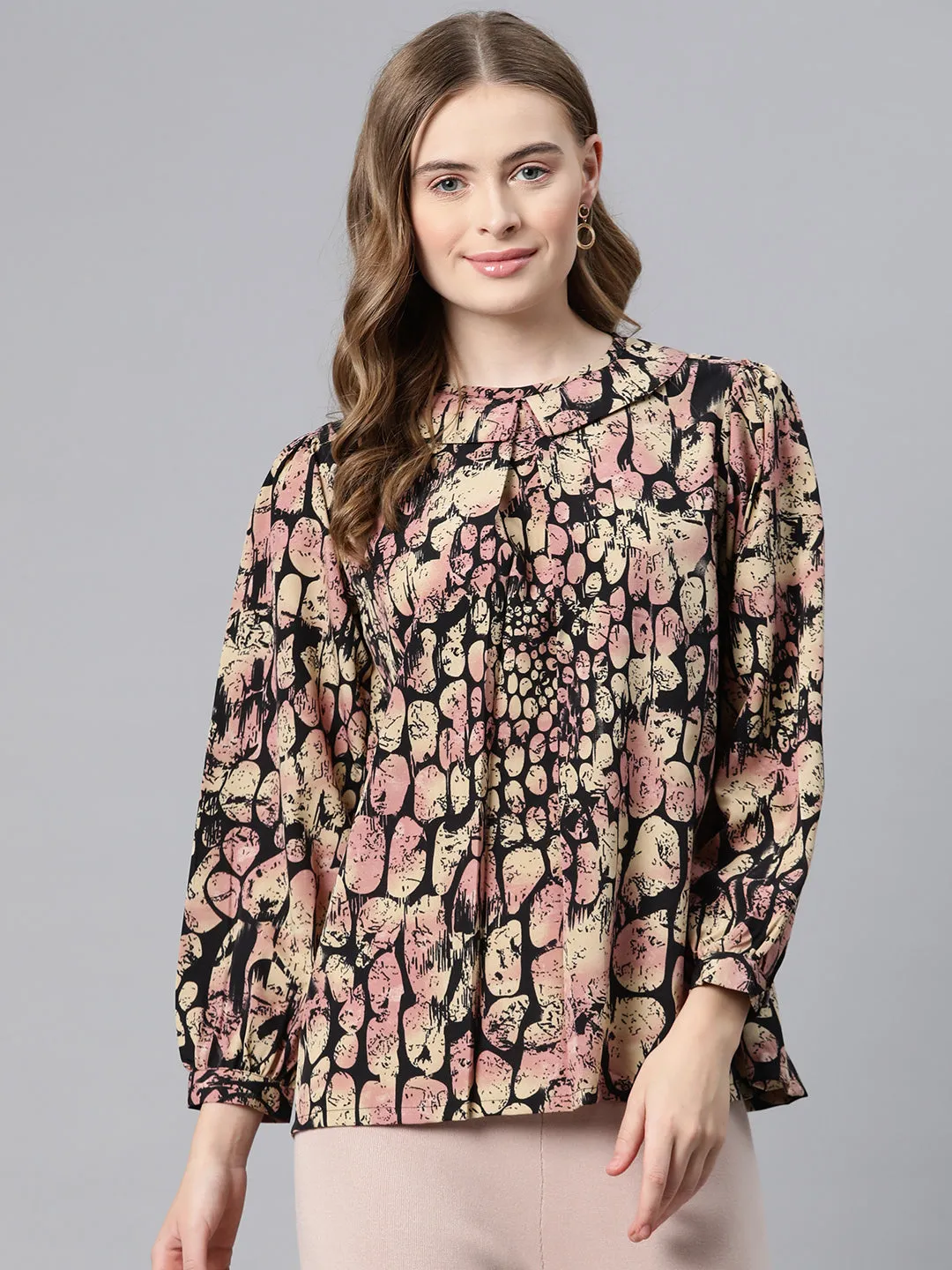 Cottinfab Abstract Print Peter Pan Collar Crepe Top