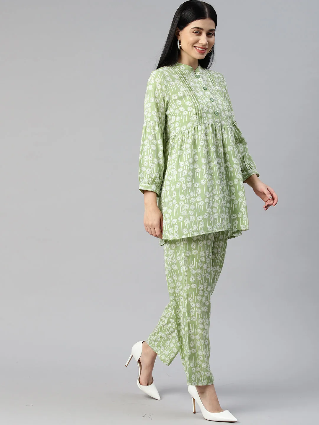Cottinfab Women Printed Pleated Top with Trousers