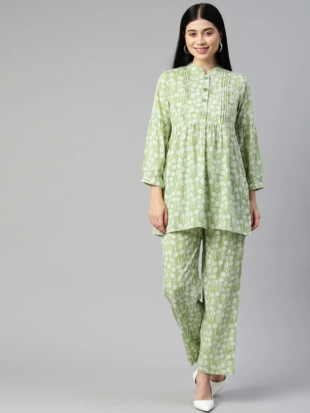 Cottinfab Women Printed Pleated Top with Trousers