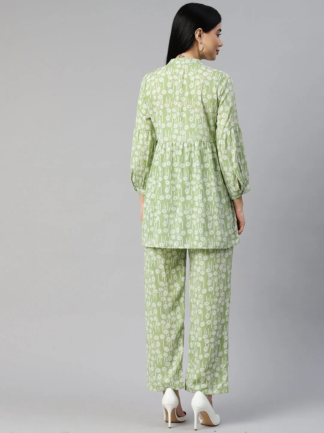 Cottinfab Women Printed Pleated Top with Trousers