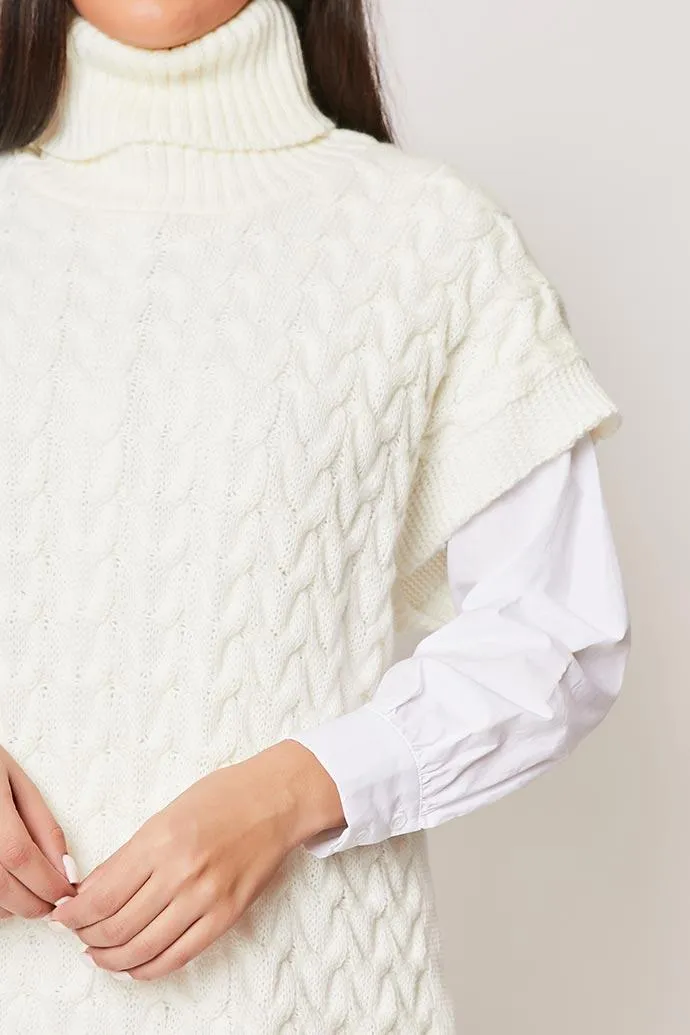 Daizie - Cream Cable Knit Roll Neck Oversized Jumper Dress