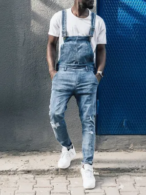 Distressed Denim Bib Overall - Blue