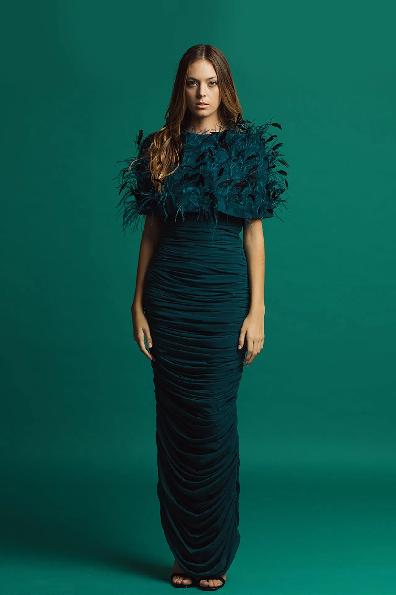 Draped Fitted Dress with Feathers
