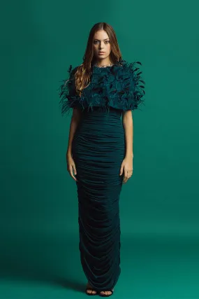 Draped Fitted Dress with Feathers