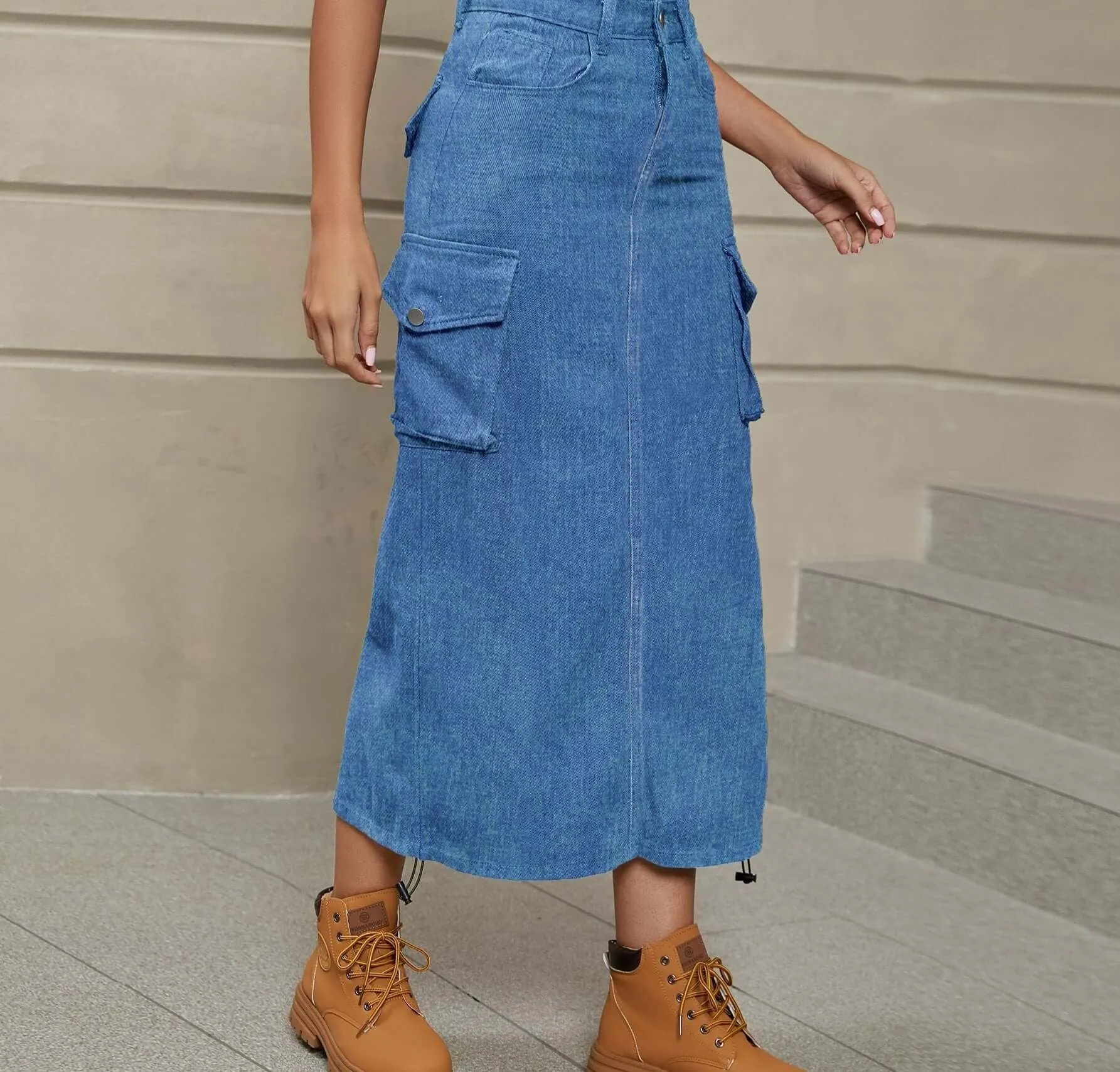 Drawstring Ruched Slit Denim Midi Skirt
