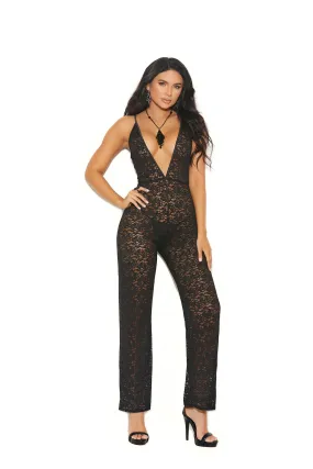 Elegant Moments Deep V lace jumpsuit with adjustable straps.