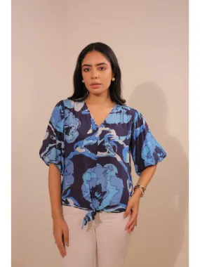 elegant pure natural crepe printede v neck, center hem knotted puff sleeved top - Blue