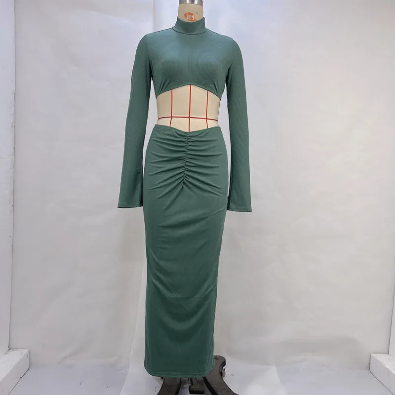 Fall Women's Long Sleeve Crop Top Low Waist Pleated Skirt Set