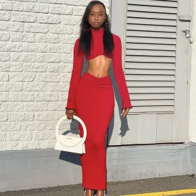 Fall Women's Long Sleeve Crop Top Low Waist Pleated Skirt Set