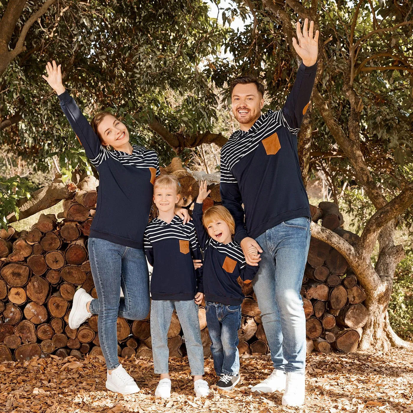 Family Matching Blue Striped Spliced Long-sleeve Hoodies