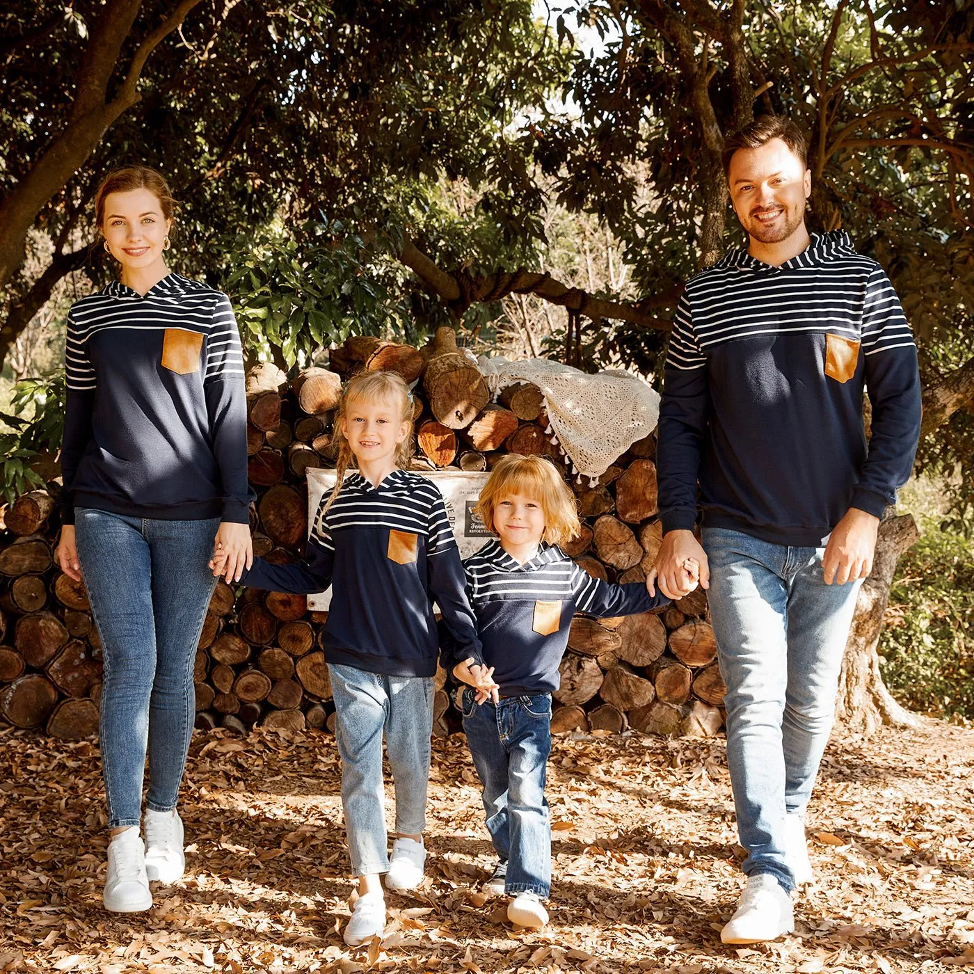 Family Matching Blue Striped Spliced Long-sleeve Hoodies