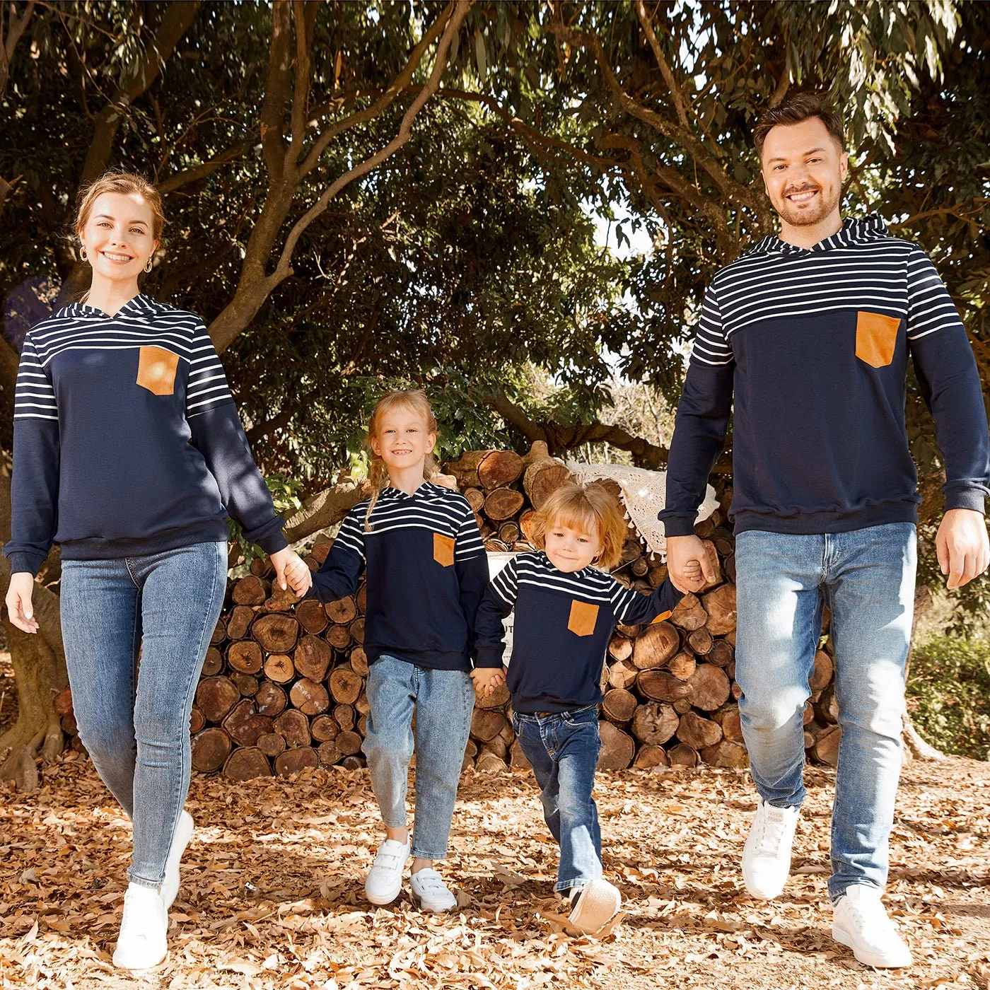 Family Matching Blue Striped Spliced Long-sleeve Hoodies