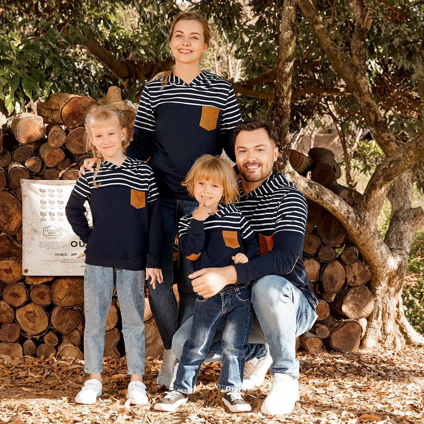 Family Matching Blue Striped Spliced Long-sleeve Hoodies