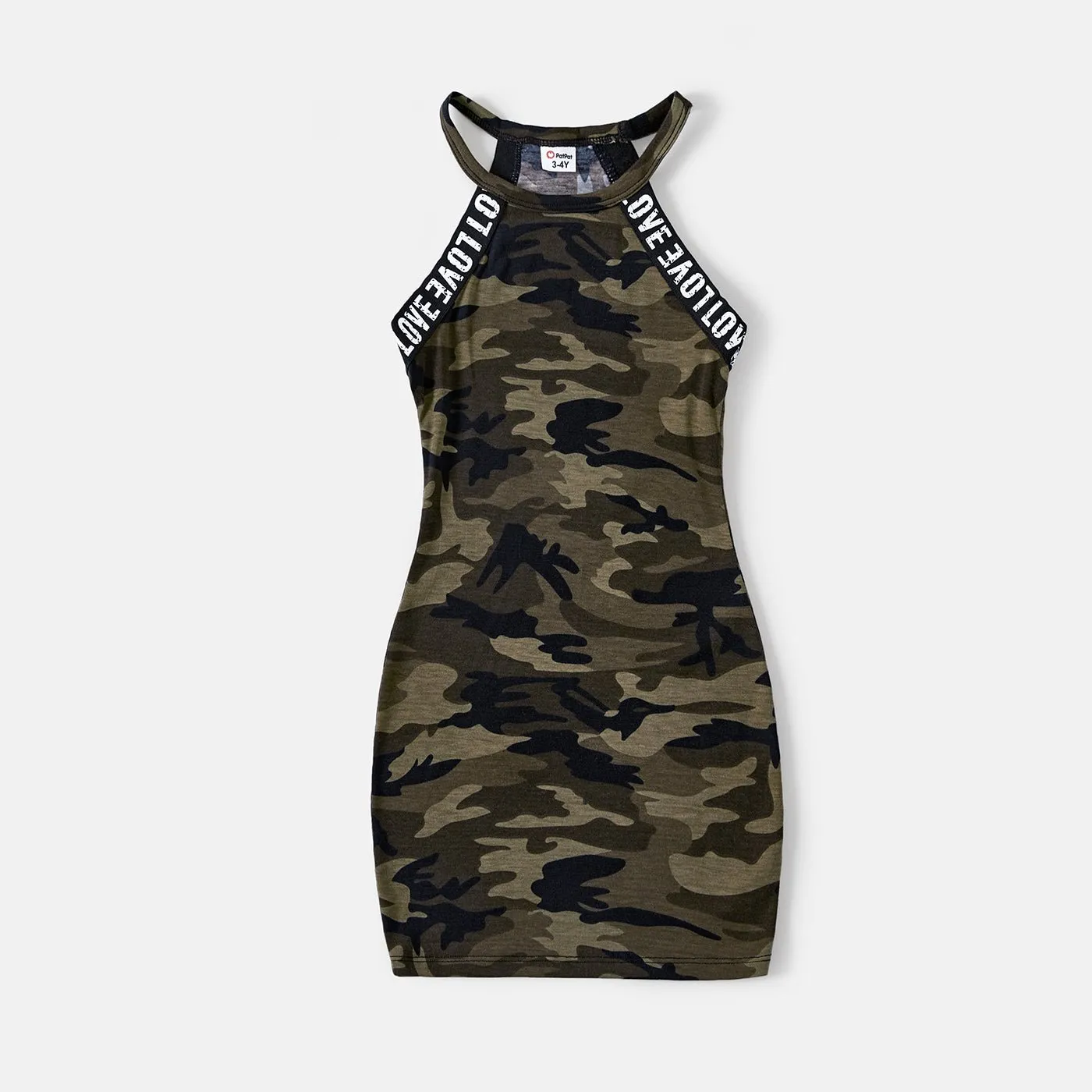 Family Matching Letter Design Camouflage Halter Neck Sleeveless Bodycon Dresses and Cotton Short-sleeve Spliced T-shirts Sets