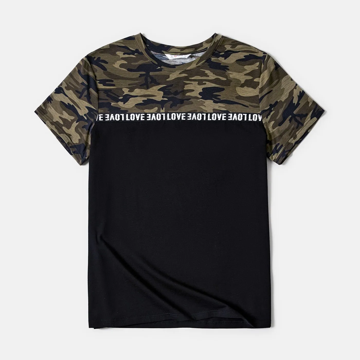 Family Matching Letter Design Camouflage Halter Neck Sleeveless Bodycon Dresses and Cotton Short-sleeve Spliced T-shirts Sets