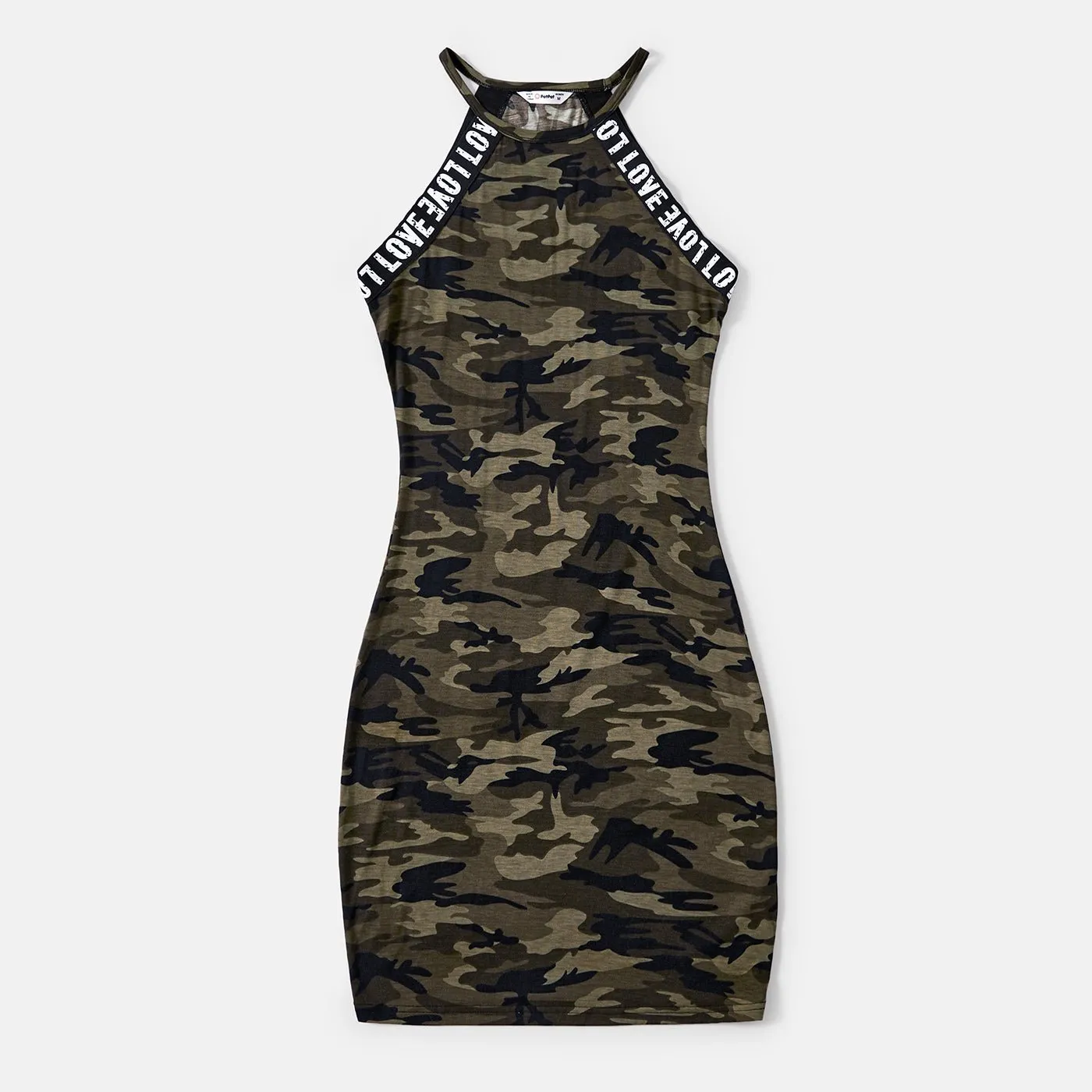 Family Matching Letter Design Camouflage Halter Neck Sleeveless Bodycon Dresses and Cotton Short-sleeve Spliced T-shirts Sets