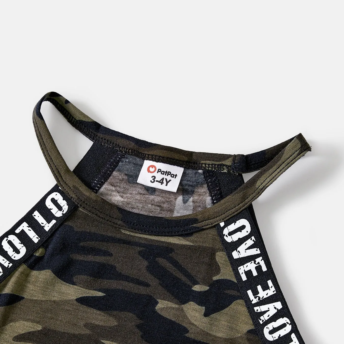 Family Matching Letter Design Camouflage Halter Neck Sleeveless Bodycon Dresses and Cotton Short-sleeve Spliced T-shirts Sets
