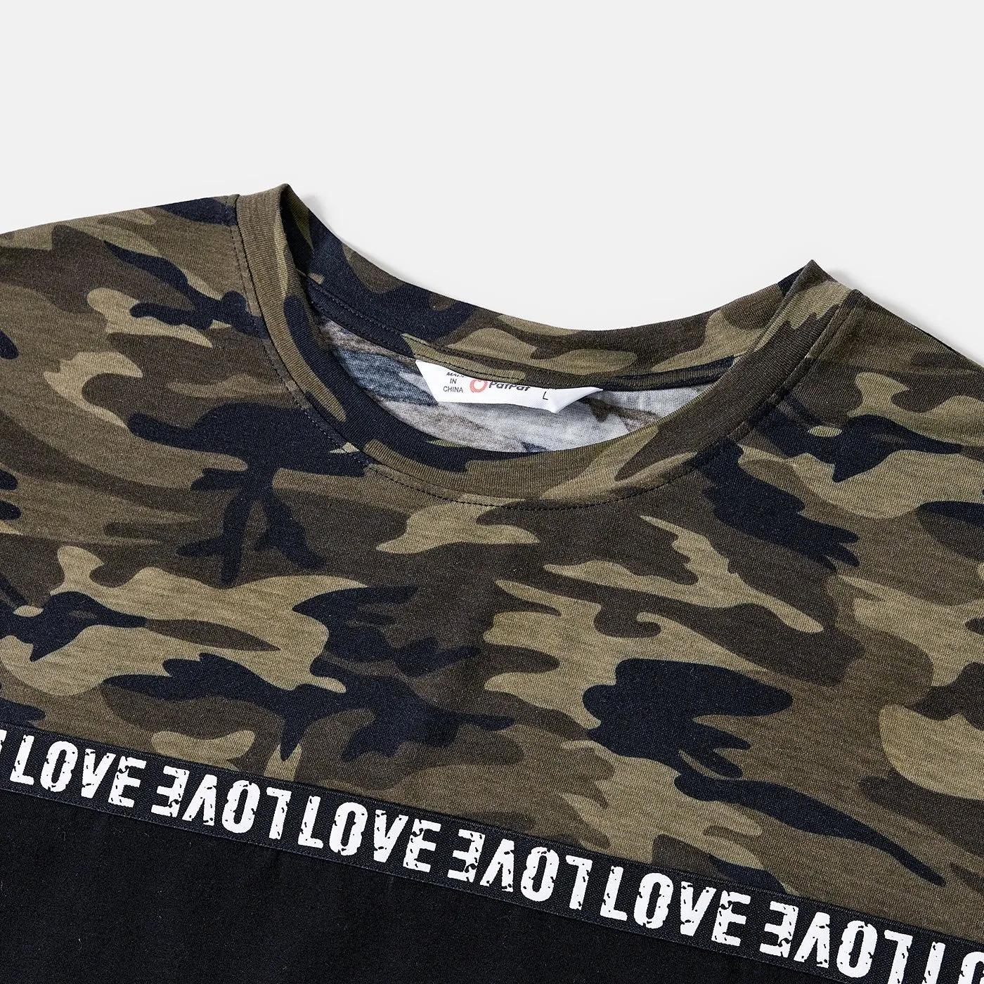 Family Matching Letter Design Camouflage Halter Neck Sleeveless Bodycon Dresses and Cotton Short-sleeve Spliced T-shirts Sets