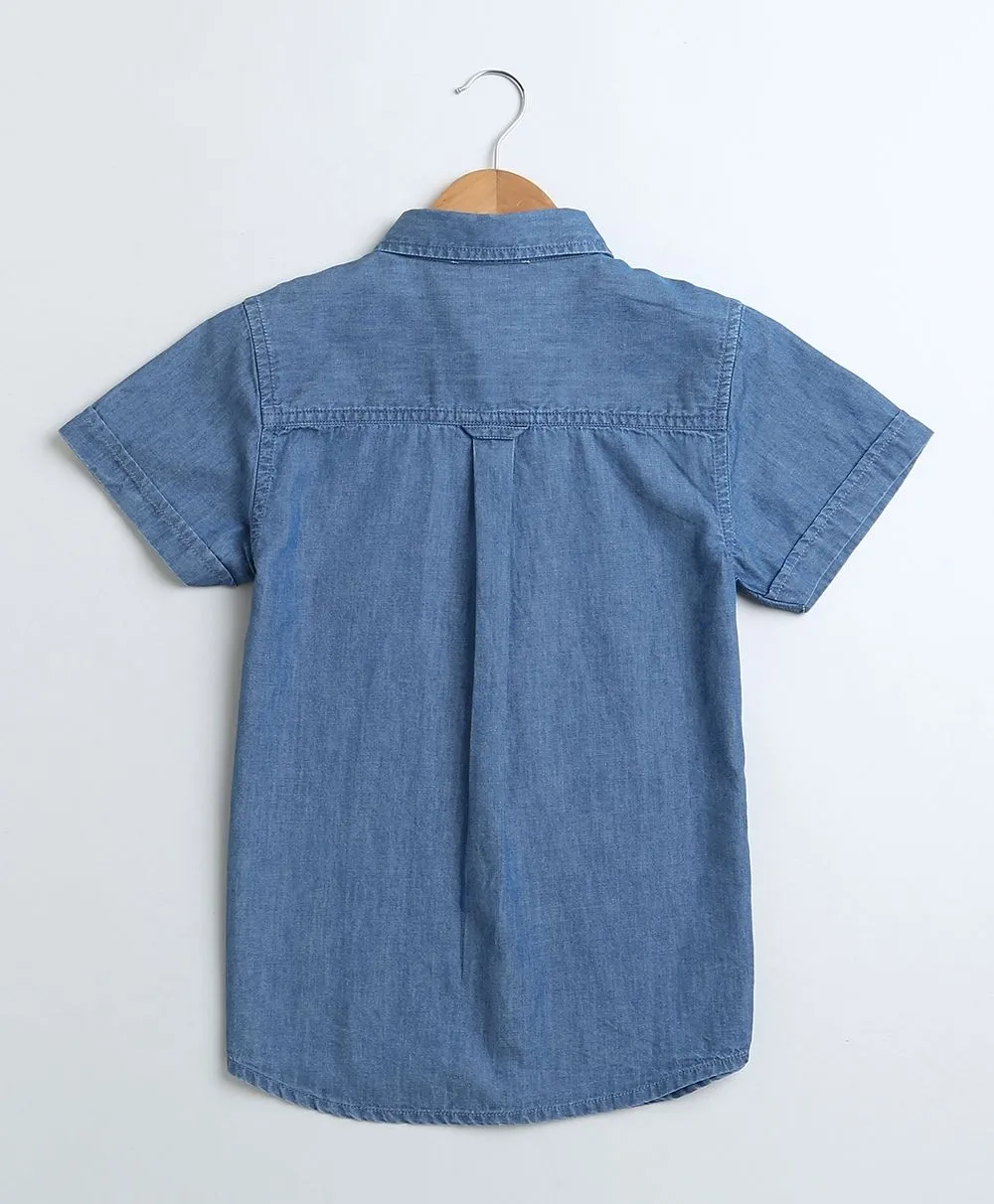 Father-Son Twinning Short Sleeves Cotton Denim Shirt.