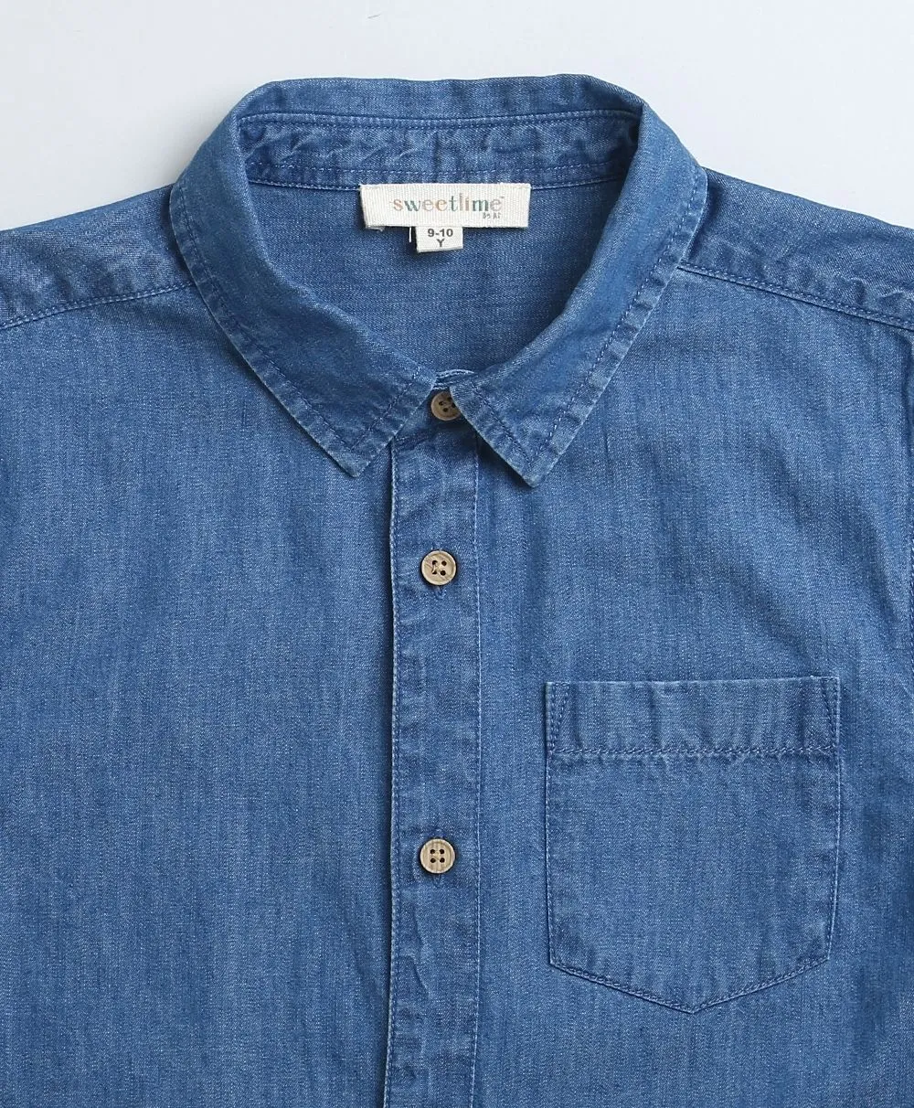 Father-Son Twinning Short Sleeves Cotton Denim Shirt.