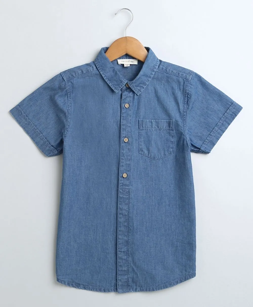 Father-Son Twinning Short Sleeves Cotton Denim Shirt.