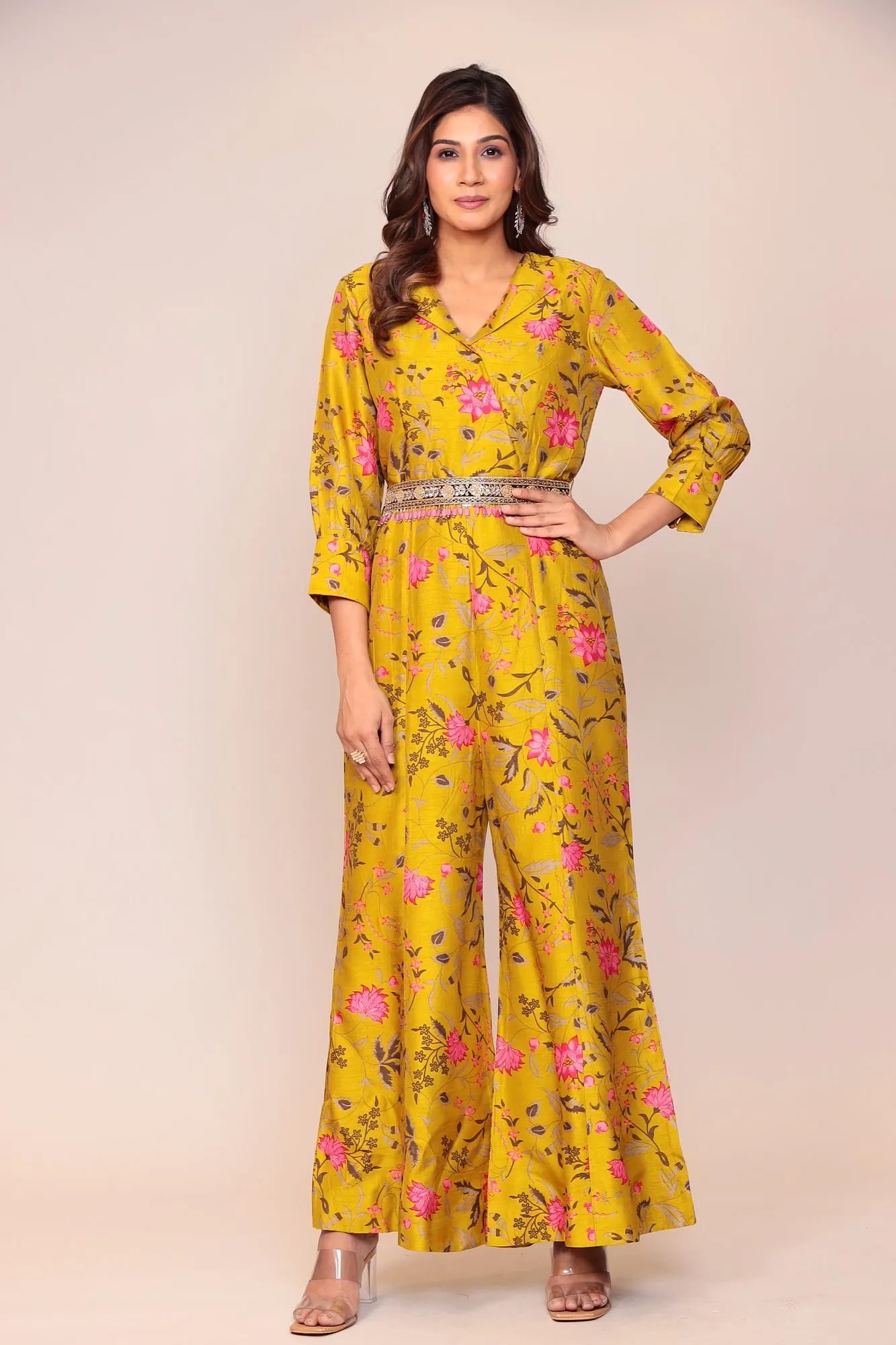 Floral Print Tussar Silk Jump Suit with Embellished Belt
