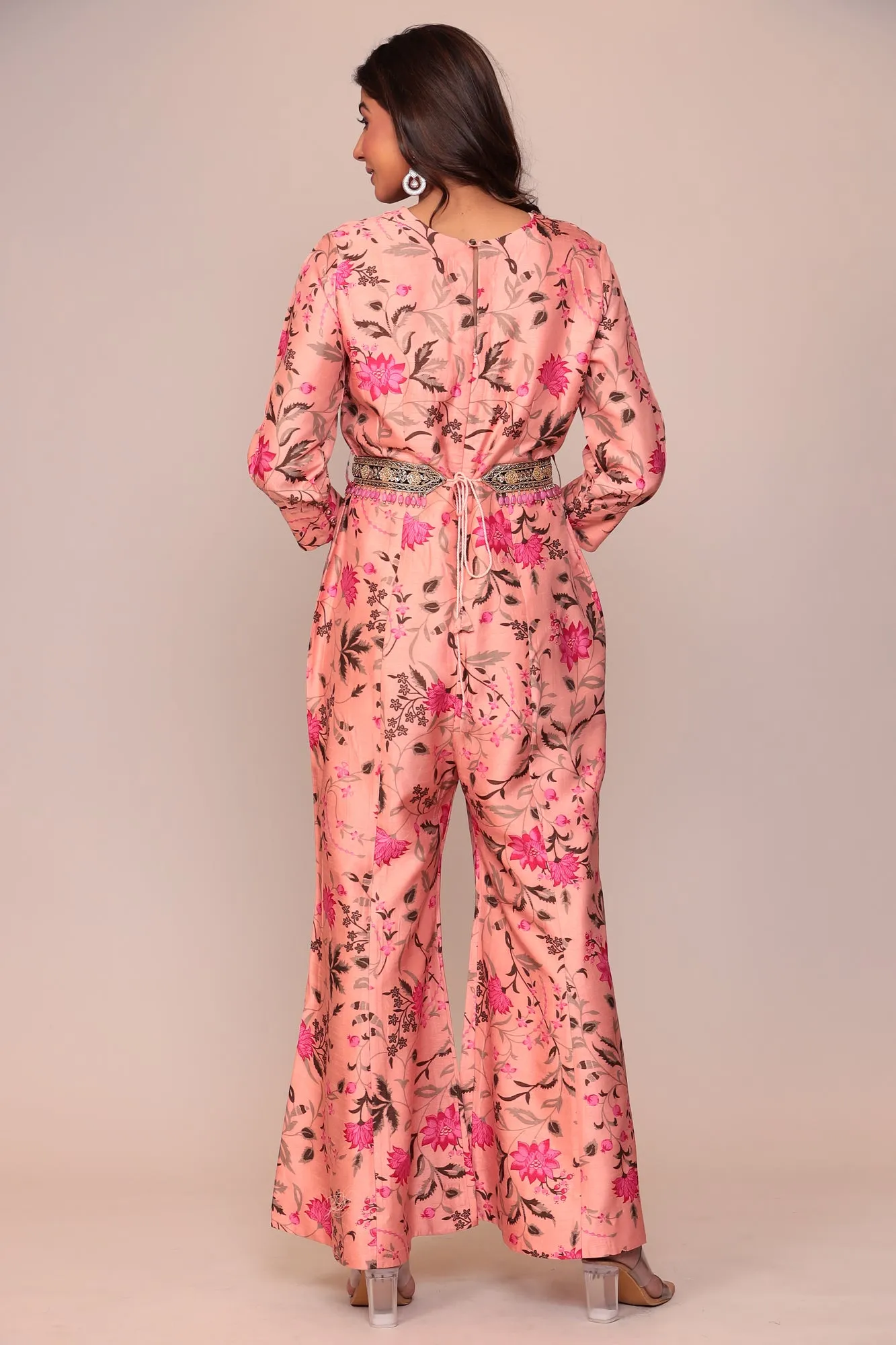 Floral Print Tussar Silk Jump Suit with Embellished Belt