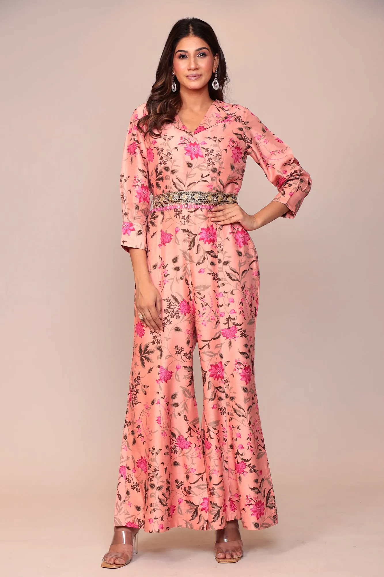 Floral Print Tussar Silk Jump Suit with Embellished Belt