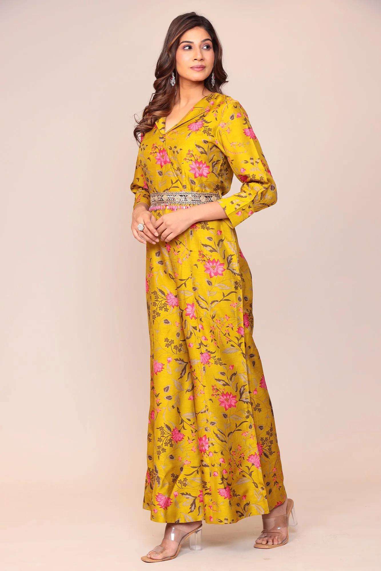 Floral Print Tussar Silk Jump Suit with Embellished Belt
