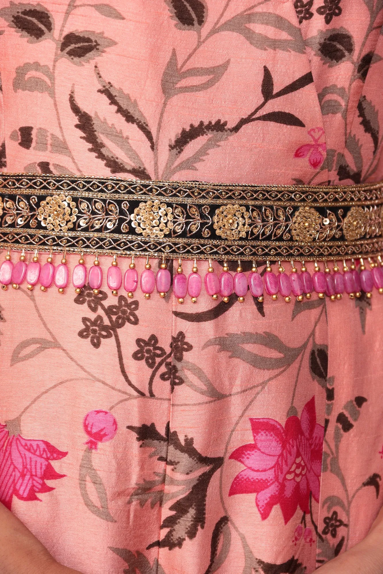 Floral Print Tussar Silk Jump Suit with Embellished Belt