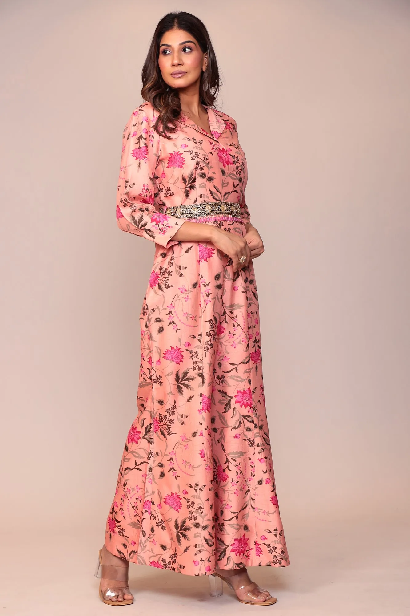 Floral Print Tussar Silk Jump Suit with Embellished Belt