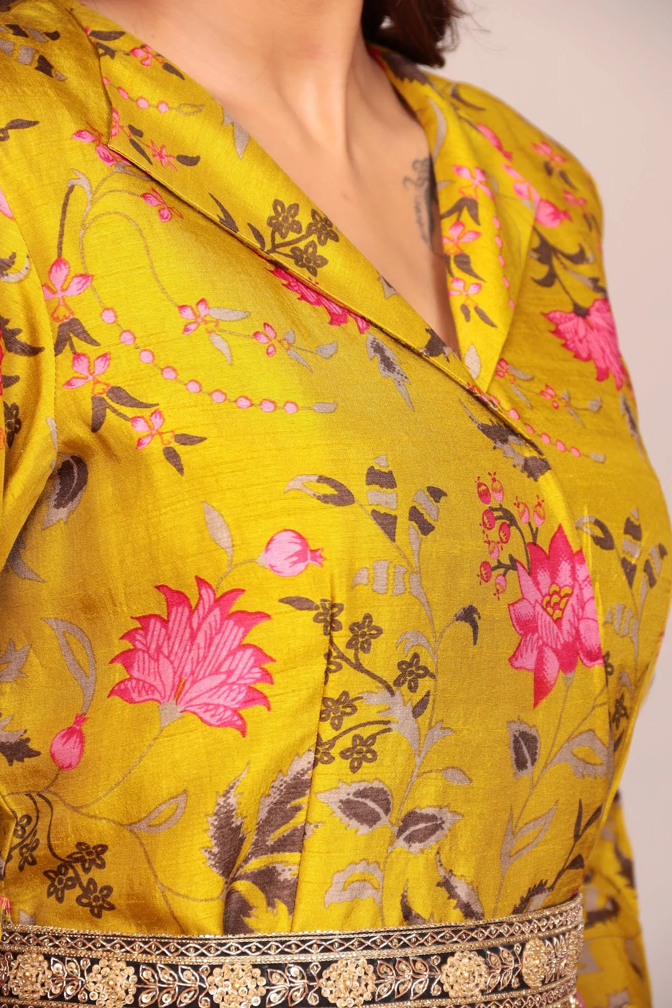 Floral Print Tussar Silk Jump Suit with Embellished Belt