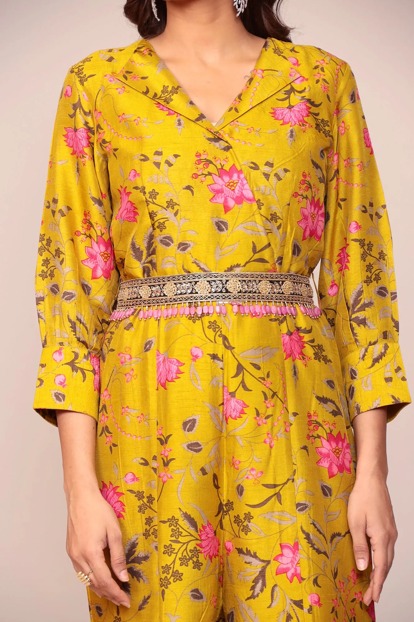 Floral Print Tussar Silk Jump Suit with Embellished Belt