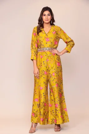 Floral Print Tussar Silk Jump Suit with Embellished Belt