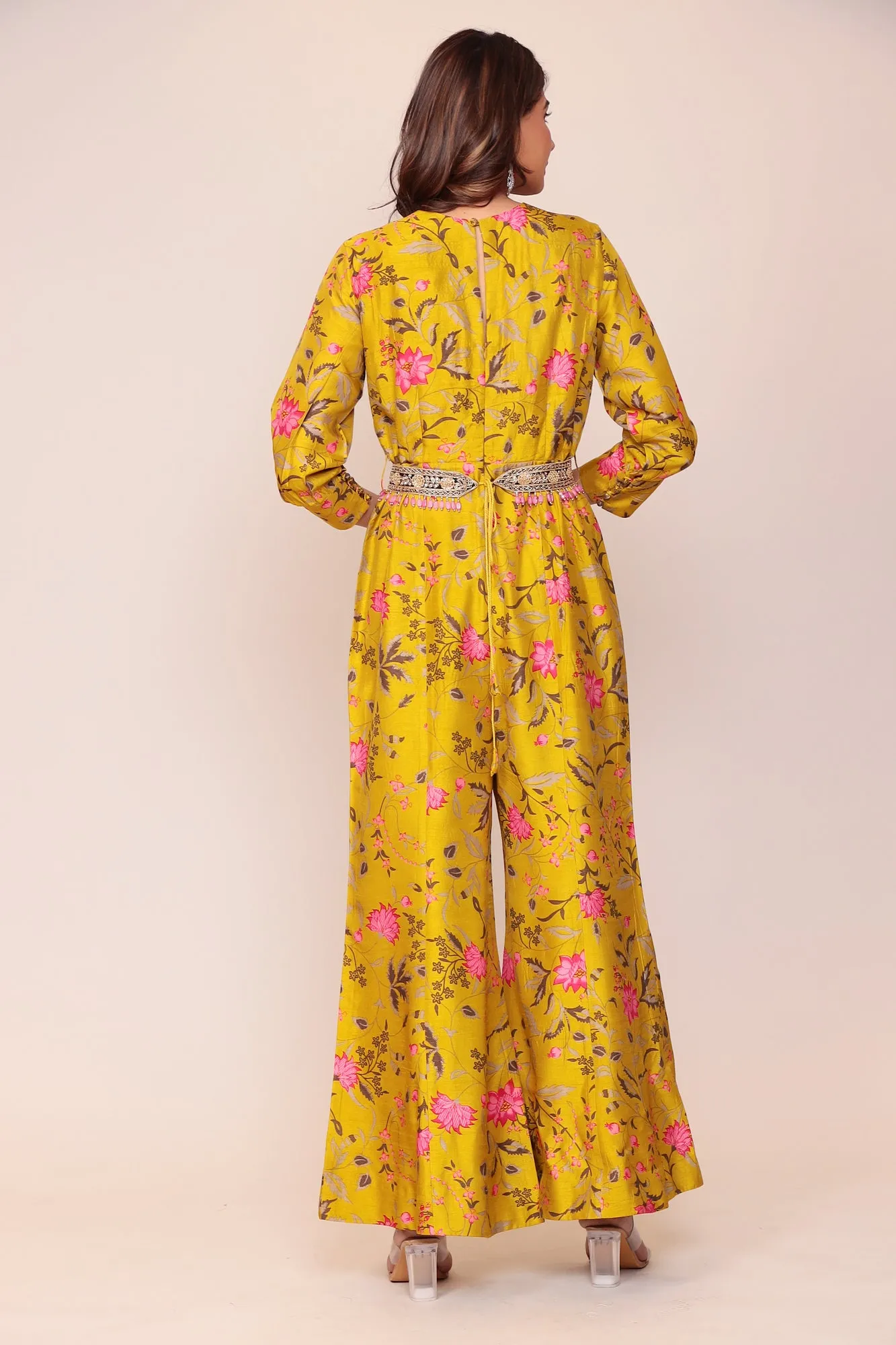 Floral Print Tussar Silk Jump Suit with Embellished Belt
