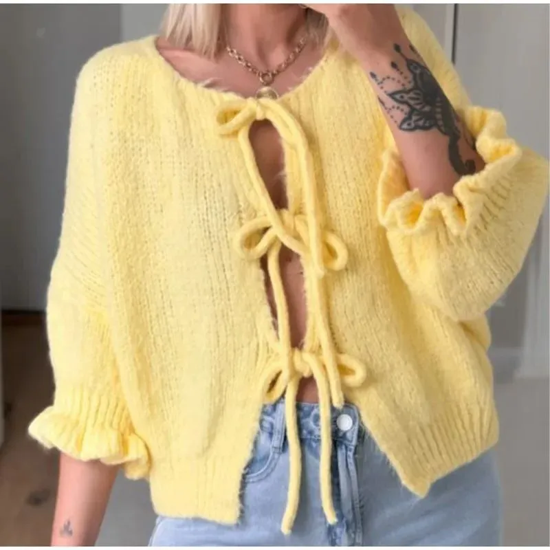 Flutter Sleer Knot Tie Front Up Cardigan Sweater