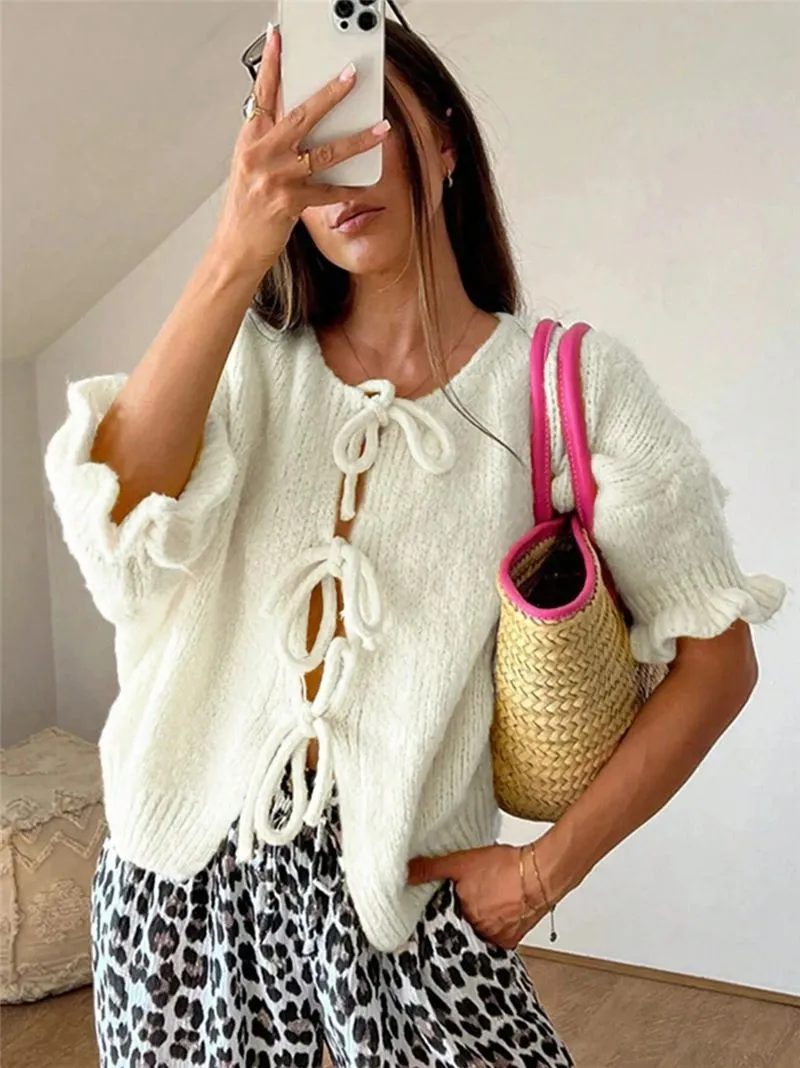 Flutter Sleer Knot Tie Front Up Cardigan Sweater