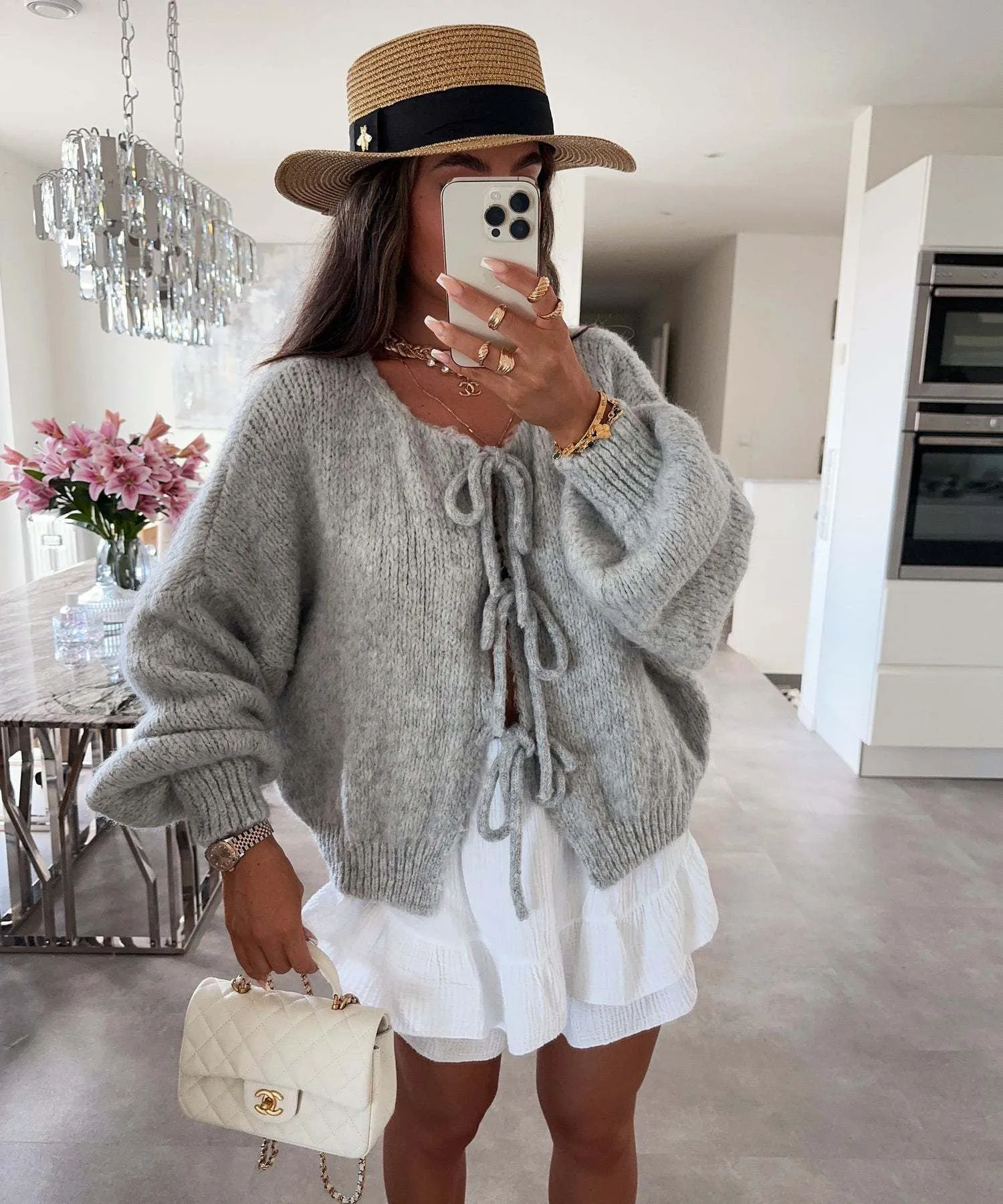Flutter Sleer Knot Tie Front Up Cardigan Sweater